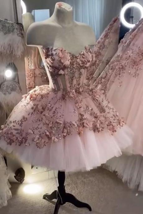 pink prom dresses, hand made flowers evening dresses, 3d flowers evening gowns, short prom dresses, new arrival party dresses, 2023 prom dresses, sexy formald resses, 2023 evening gowns