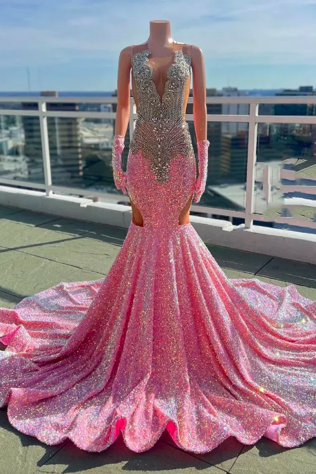 Glitter Pink Sequins Mermaid Evening Dresses 2023 For Black Girls Mesh Nek Beaded Crystal Formal Party prom Gown With Golves Robe De Bal