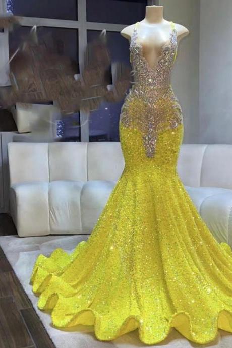 yellow prom dresses, sparkly evening dresses, sexy evening gowns, crystal prom dresses, deep v neck prom dresses, mermaid evening dresses, shinning formal dresses, sexy prom dresses, beaded evening dresses, crystal prom gowns