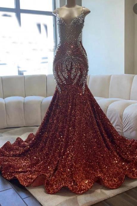 Hot Red Prom Dresses, Red Evening Dress, Crystal Prom Dresses, Beaded Prom Dresses, Luxury Prom Dresses, High Quality Prom Dresses, Mermaid Prom