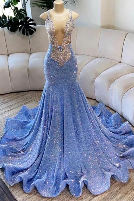 Blue Prom Dresses, Crystal Prom Dresses, Beaded Evening Dresses, Custom Make Evening Dresses, Sexy Formal Dresses, Arrival Evening Gowns, Sexy