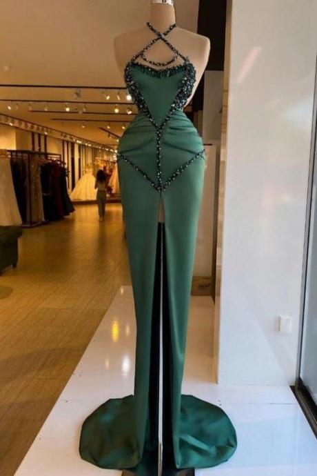 Green Prom Dresses, Beaded Prom Dresses, Elegant Prom Dresses, Halter Prom Dresses, Sexy Prom Dresses, Evening Gowns, Sexy Formal Dresses, 2023