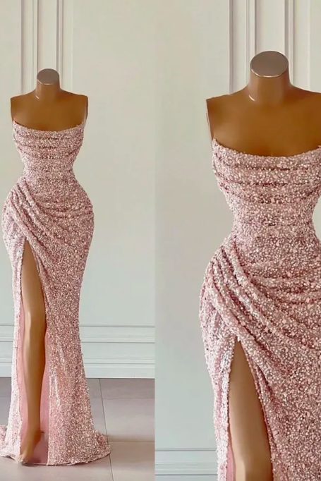 Rose Gold Pink Sequins Prom Dresses Sexy Mermaid Strapless Split High Evening Gowns African Girls Formal Party Occasion Gowns