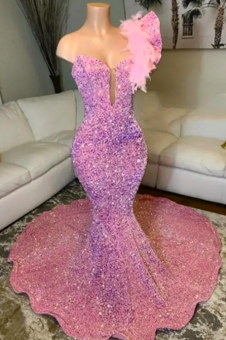 Arabic Aso Ebi Pink Mermaid Prom Dresses gilter sequins beaded Feather One Shoulder Evening Reception Birthday Engagement Gowns