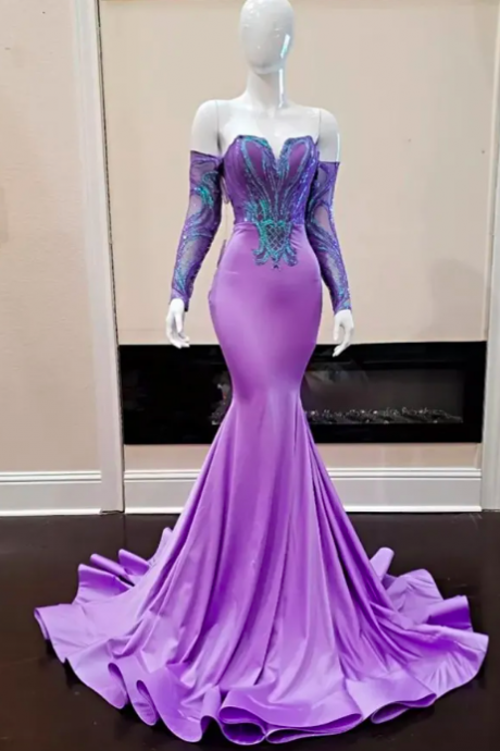 Elegant Lilac Mermaid Prom Dress Sequin Applique Simple Party Dresses 2023 Robes De Bal Evening Gowns Long Sleeves