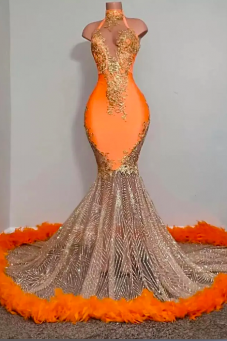 Black Girls Orange Mermaid Prom Dresses 2023 Satin Beading Sequined High Neck Feathers Luxury Skirt Evening Party Formal Gowns