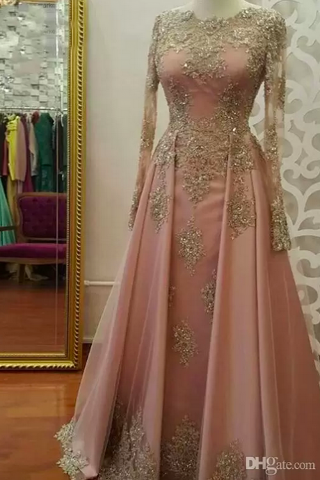 Blush Rose gold Long Sleeve Evening Dresses for Women Wear Lace Appliques crystal Abiye Dubai Caftan Muslim Prom Party Gowns
