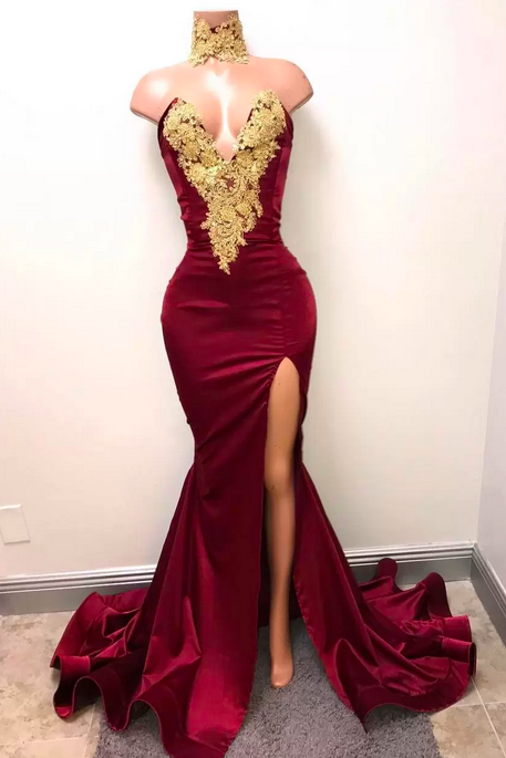 Hot Sale Burgundy Mermaid Prom Dress Lace Appliques Sexy Slit Deep V-Neck Evening Gowns Formal Dresses