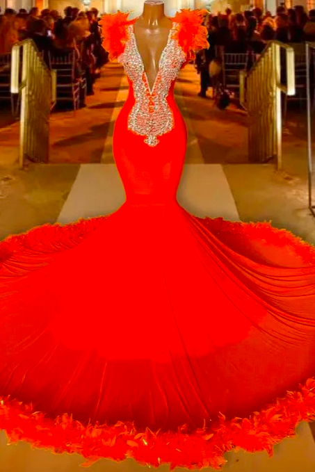 Pop Orange Prom Dress With Feathers 2023 Black Girls Deep V Neck Evening Party Gowns Gala Occasion Birthday Dresses