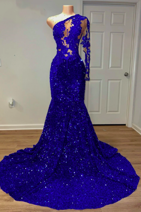 Luxury Royal Blue Sparkly Mermaid Prom Dress 2023 One Shoulder Glitter Sequin Crystals Sexy Party Gown Robe De Bal