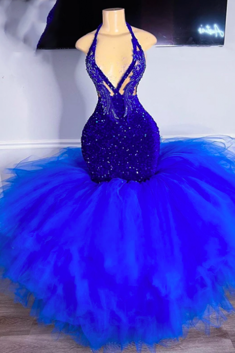 New 2023 Royal Blue Sequins Prom Dresses Sexy 2023 For Black Girls Halter Ruffles Crystals Party Gowns Robe De Bal Open Back