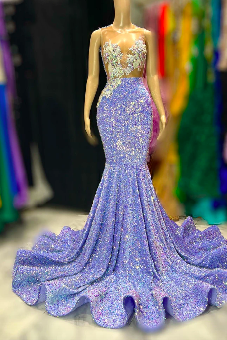 New Arrival Sparkly Purple Mermaid Prom Dress Crystal Rhinestone Sheer Mesh Illusion Party Dress Homecoming Gown Robe De Bal