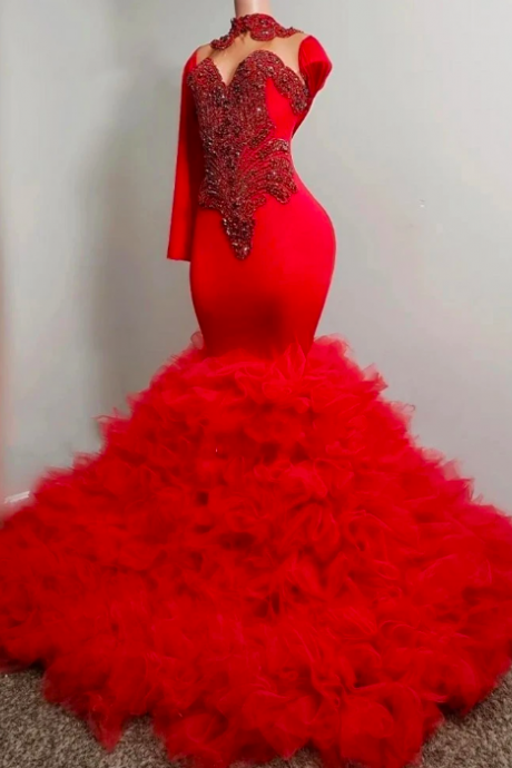 Sexy Red Mermaid Prom Dress 2023 Luxury For Black Girls Long Sleeve Crystal Rhinestones Ruffles Party Gowns Robe De Bal
