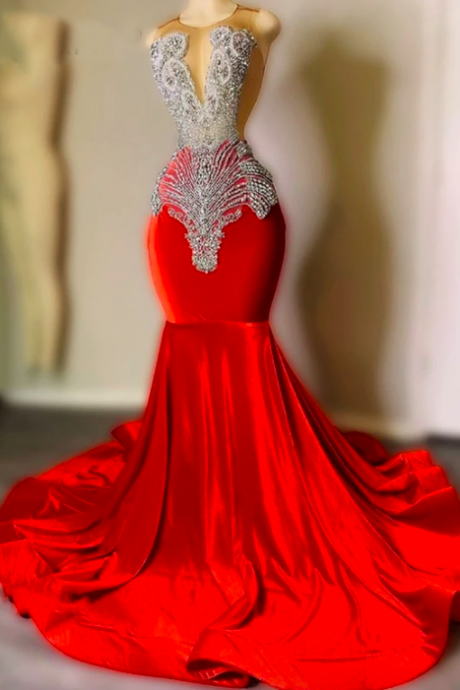 Sexy Sparkly Red Mermaid Prom Dress 2023 Beading Crystal Rhinestone Graduation Party Dress Robe De Bal
