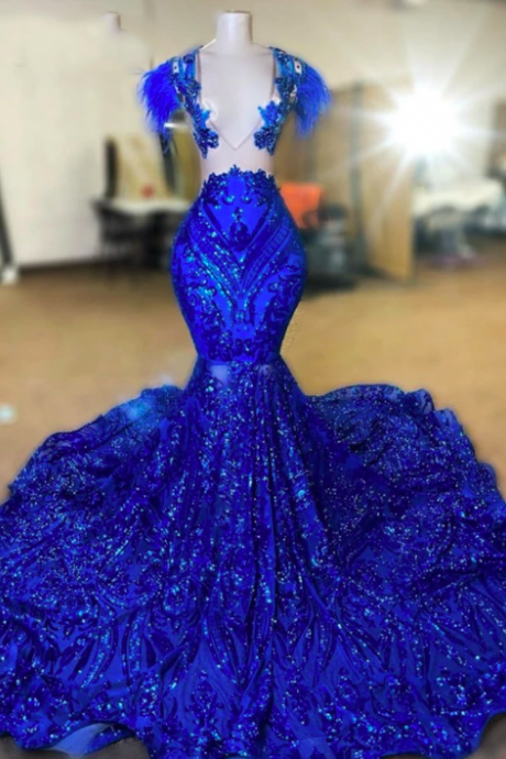 Sparkly Royal Blue Sequins Illusion Mermaid Prom Dresses 2023 V-neck Feathers Sexy Party Gowns Robe De Bal Court Train