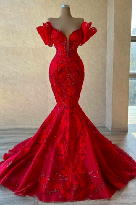 Elegant Red Mermaid Evening Dress Off Shoulder Beads Sequin Dubai Wedding Party Gowns Prom Robes De Soirée
