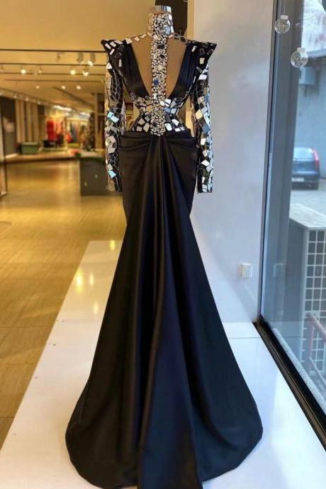 Black Prom Dresses, High Neck Prom Dresses, Crystal Evening Dresses, Sexy Formal Dresses, Evening Gowns, Satin Evening Dresses, Party Dresses,