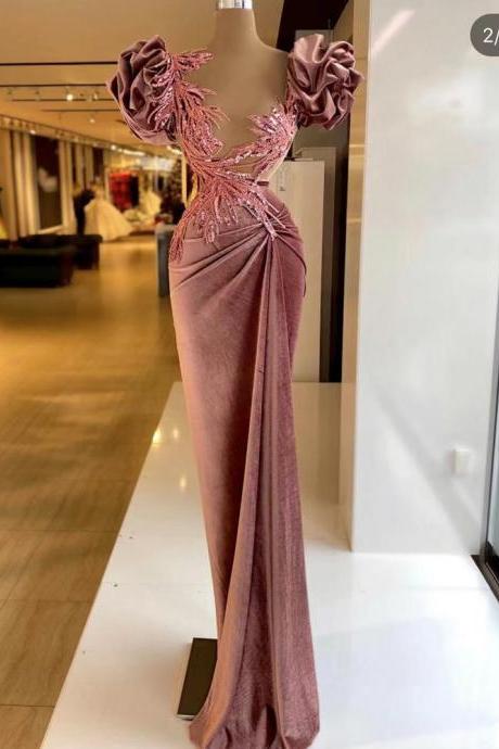Pink Prom Dresses, Beaded Prom Dresses, Sexy Evening Dresses, Evening Dresses, Mermaid Prom Dresses, Velvet Evening Gowns, Sexy Party Dresses,