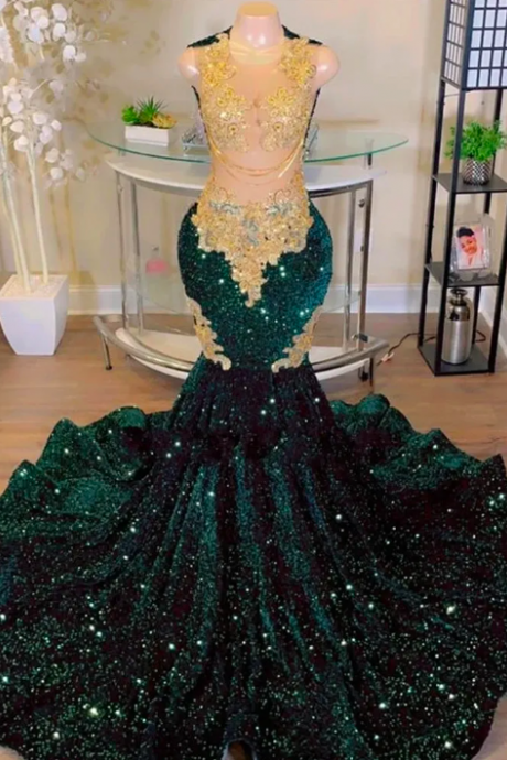 Sparkly Green Sequins Mermaid Prom Dresses 2023 For Black Girls Crystal Rhinestone Court Train Party Gown Robes De Bal