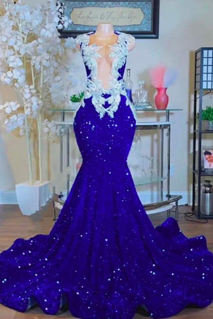 Sparkly Royal Blue Mermaid Prom Dress 2023 Crystal Rhinestones Graduation Party Dress Evening Gowns Robe De Bal