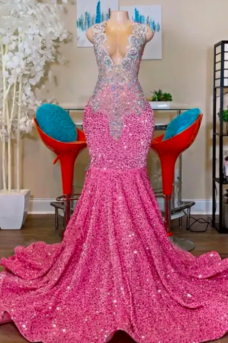 Sexy Sparkly Pink Mermaid Prom Dress 2023 Sheer Neck Beads Crystal Graduation Party Dress Formal Gowns Robe De Bal