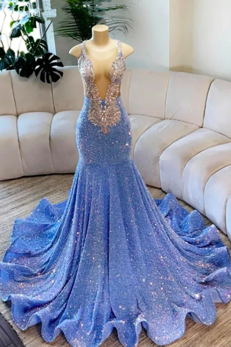 Sky Blue Sheer O Neck Long Prom Dress For Black Girls Beaded Crystal Diamond Birthday Party Dresses Sparkly Sequined Evening