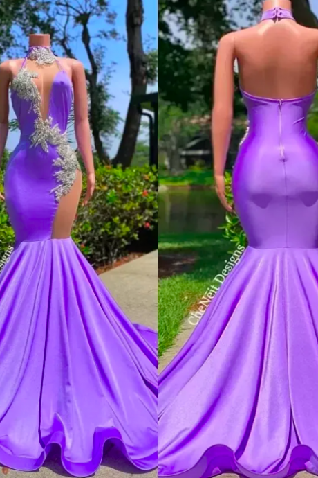 Crystal Purple Mermaid Prom Dresses 2023 Halter Backless Long Evening Dress Black Girls Beaded Party Wear Robe De Soiree Vestidos De Noche Abaya