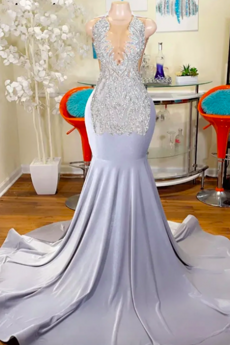 Silver Satin Mermaid Prom Dress 2023 Sheer Neck Mesh Beading Sequins Evening Party Gown Court Train Robe De Bal
