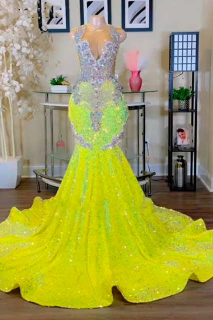 Sparkly Yellow Mermaid Prom Dresses 2023 Sheer Neck Crystals Rhinestones Luxury Plus Size Birthday Party Gowns Robe De Bal