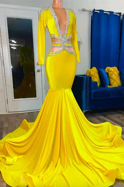 Yellow Prom Dresses, Sexy Evening Dresses, Party Dresses, V Neck Prom Dresses, 2023 Prom Dresses, Mermaid Prom Dresses, Long Sleeve Prom