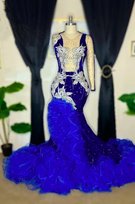 Royal Blue Sheer O Neck Long Prom Dresses 2023 Beaded Crystal Birthday Party Dress Tassel Mermaid Evening Gown Ruffles Vestido