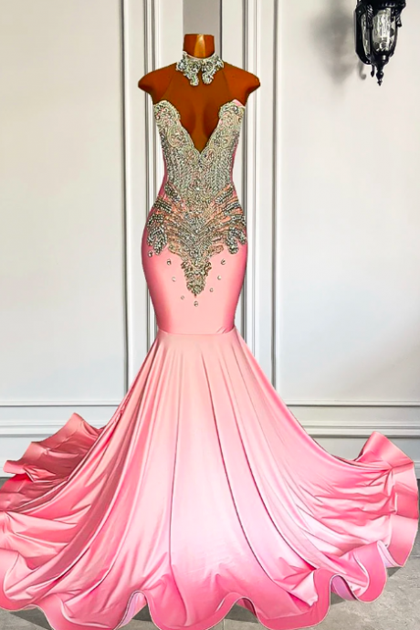 Long Pink Prom Dresses 2023 Sexy Mermaid High Neck Luxury Sparkly Silver Diamond Black Girl Prom Formal Gala Gowns