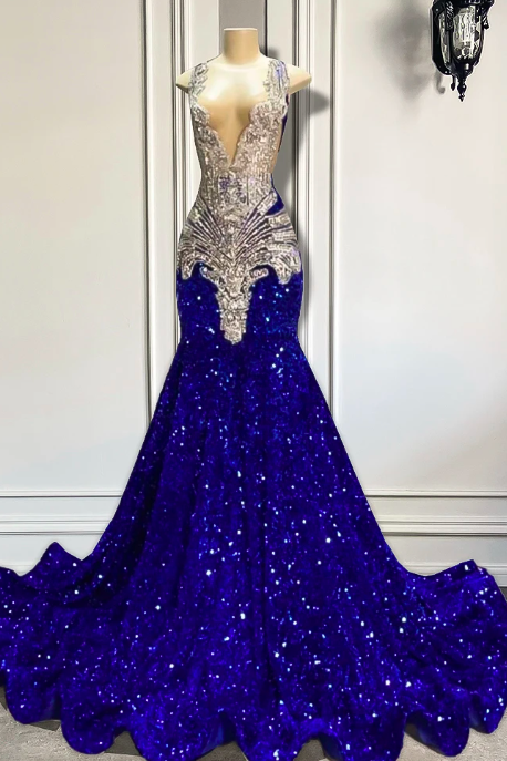 Royal Blue Long Prom Dresses 2023 Sparkly Silver Diamond Crystals Black Girl Mermaid Style Fitted Women Prom Formal Gala Gowns