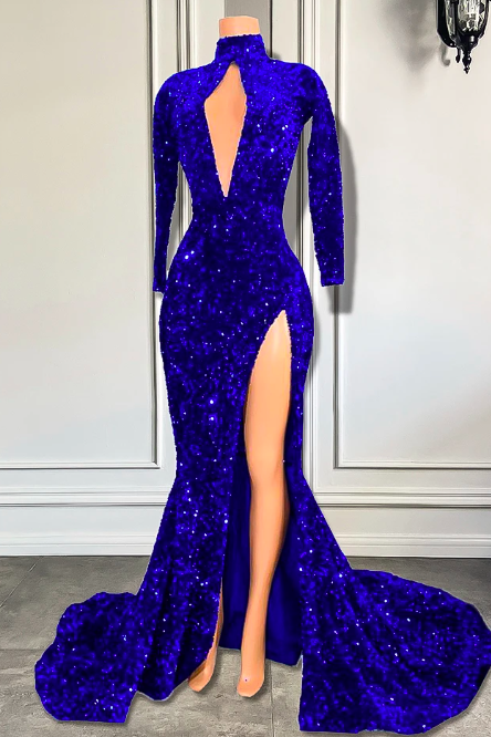 Long Sleeve Prom Dresses 2023 High Neck Sexy High Slit Sparkly Royal Blue Sequined Mermaid Black Girl Prom Formal Gowns