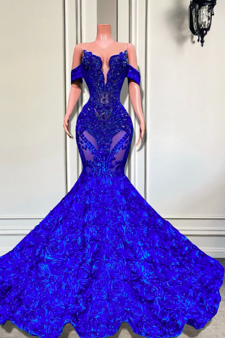Long Sleeve Prom Dresses 2023 High Neck Sexy High Slit Sparkly Royal Blue Sequined Mermaid Black Girl Prom Formal Gowns