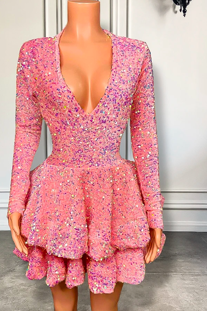 Simple Long Sleeve V-neck A-line Sparkly Pink Velvet Sequined Black Girls Women Cocktail Short Prom Dressses 2023 For Birthday