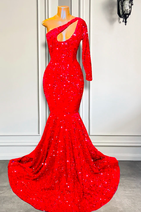 Single Long Sleeve Prom Dresses 2023 Sexy Mermaid Style Sparkly Red Sequin Black Girl Prom Gala Formal Gowns