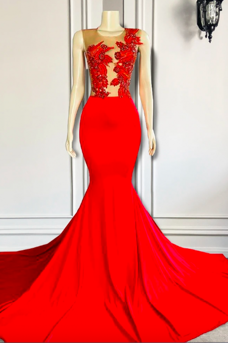 Long Elegant Prom Dresses 2023 Sexy Mermaid Sheer Beaded Embroidery Red Spandex Black Girls Short Prom Gowns
