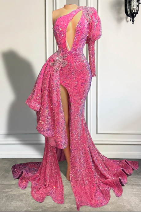 Single Long Sleeve Prom Dresses 2023 One Shoulder Sexy High Slit Sparkly Pink Sequin Black Girl Mermaid Prom Gala Gowns