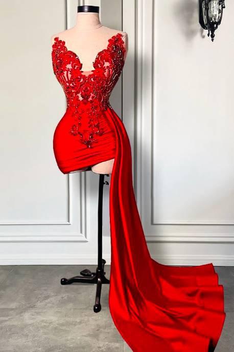 Elegant Halter Sleeveless Beaded Embroidery Women Birthday Party Gowns Black Girl Red Short Prom Dresses 2023 Side Train