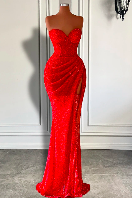 Simple High Slit Sweetheart Sparkly Sequined Red Sequined African Women Mermaid Style Long Evening Dress 2023