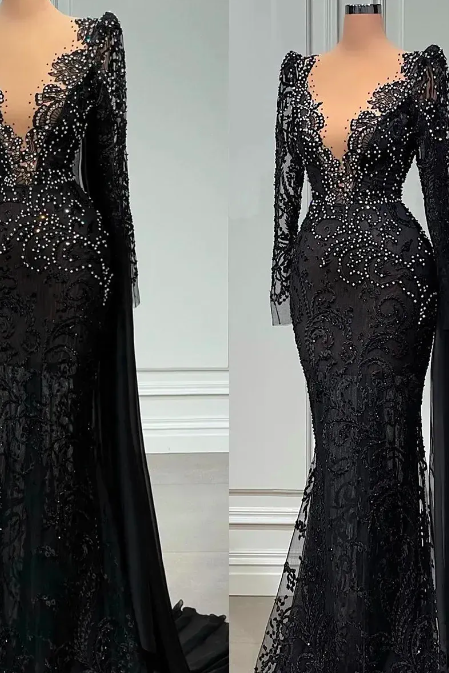 Black Lace Mermaid Prom Dresses 2023 Beaded Lace Appliques Evening Gowns Saudi Arabia Long Sleeve Robe De Soiree Custom Made
