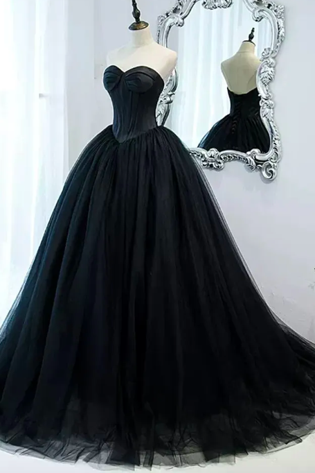 Gothic Black Tulle Prom Dresses 2023 Princess Sweetheart Satin Top Exposed Boning Tulle Evening Gowns Women Formal Dresses Robe De Soiree