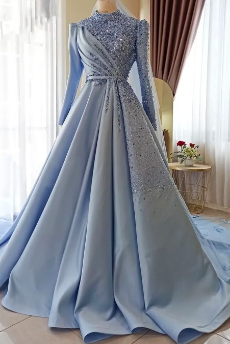 Elegant Satin Muslim Prom Dress 2023 High Neck Long Sleeves A-line Beads Sequin Evening Gowns Blue Pink Women Formal Dresses Robe De Soiree