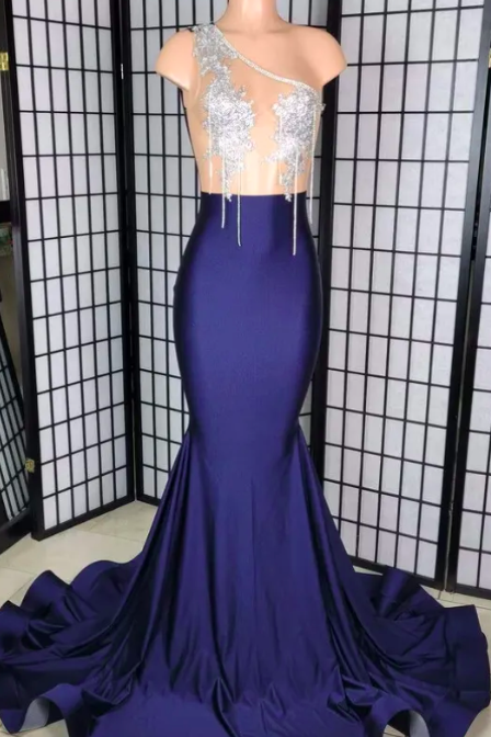 Luxury Blue Mermaid Prom Dress 2023 One-shoulder Crystals Beads Rhinestone Bridemaid Party Evening Dress Gown Robe De Ball
