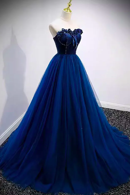 Prom Dress Navy Blue Long Evening Gowns 2023 Sweetheart Lace-up Back Sweep Train