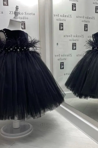 Girl&amp;#039;s Dresses Black Tulle Puffy Flower Girl Dress Princess Wedding Party Feather Sleeve Child Birthday Pageant Christmas