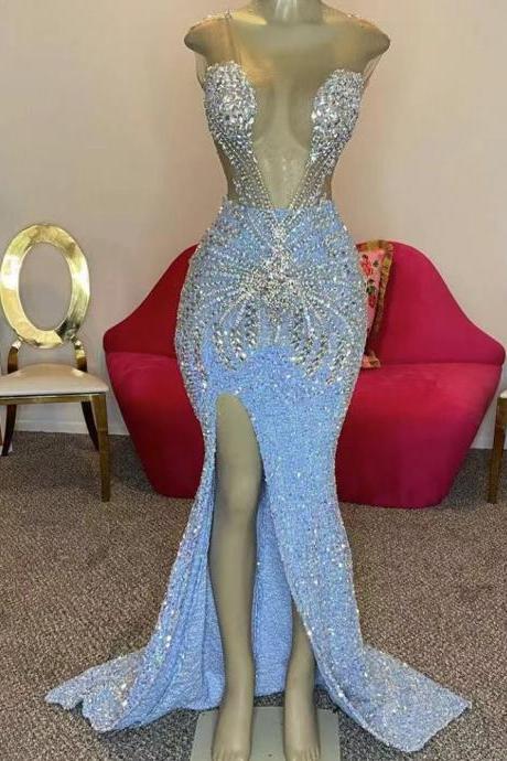 Blue Prom Dresses, Crystal Prom Dresses, Sexy Prom Dresses, 2024 Prom Dresses, Arabic Evening Dresses, Arrival Prom Dresses, Beaded Evening