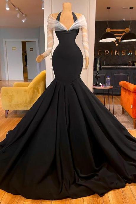 Elegant Long Sleeve Black Crepe Prom Dresses Mermaid Tulle V-neck Zipper Back Robe De Soiree Sweep Train Formal Party Dresses For Women