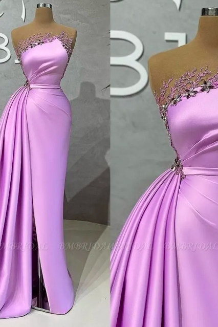 Lavender Mermaid Prom Dresses 2023 Sexy Sleeveless Backless 3d Appliques Beads Strapless Long Evening Gowns Split Robes With Pleats